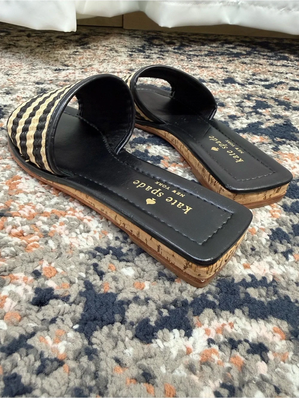 NWOT Kate Spade New York ‘Juiliane’ Raffia Slide Sandals in Black Stripe Sz 5.5